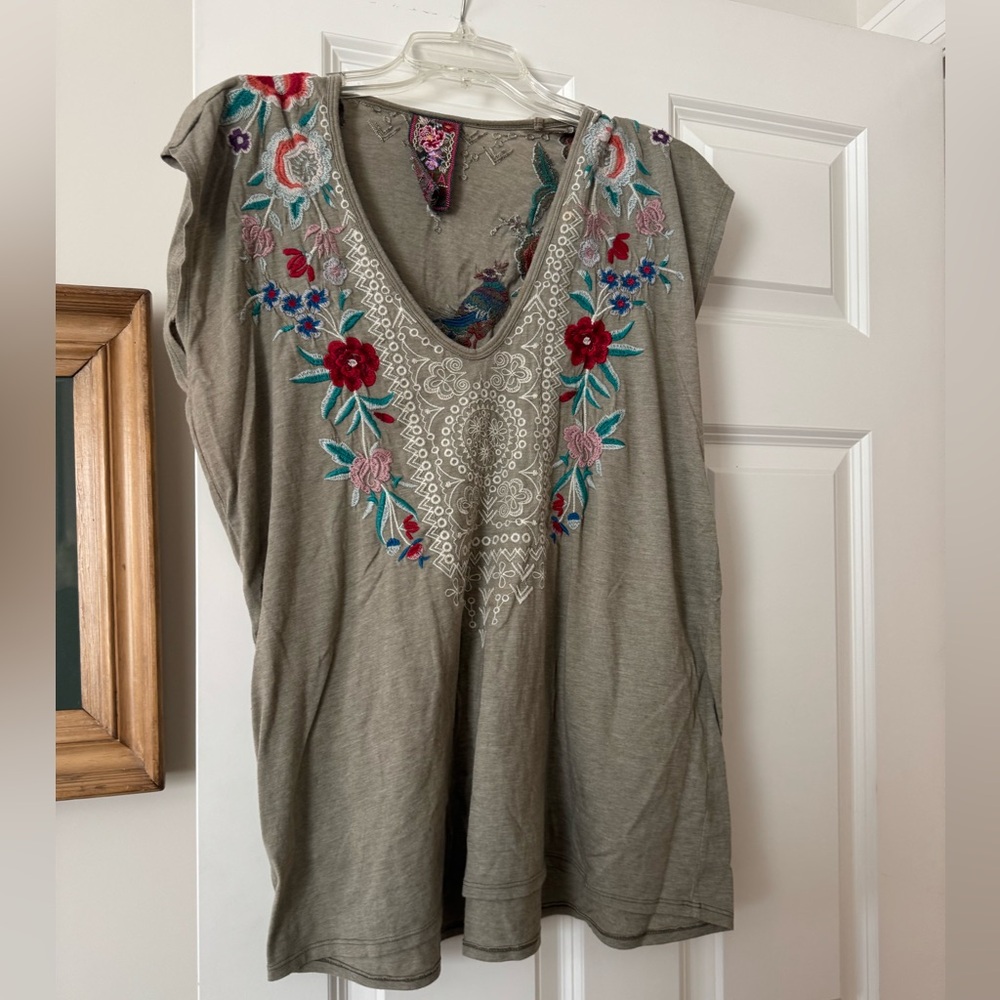 Johnny Was grayish greenEmbroidered V-Neck Blouse with Red & Teal Floral Accents